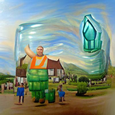Glass Giant's Gift: Oil Painting of Village Scene