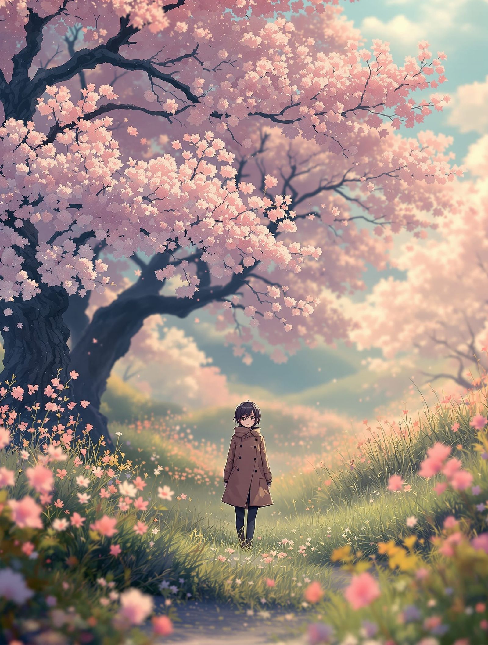 Lone Figure in Cherry Blossom Landscape, Anime Concept Art
