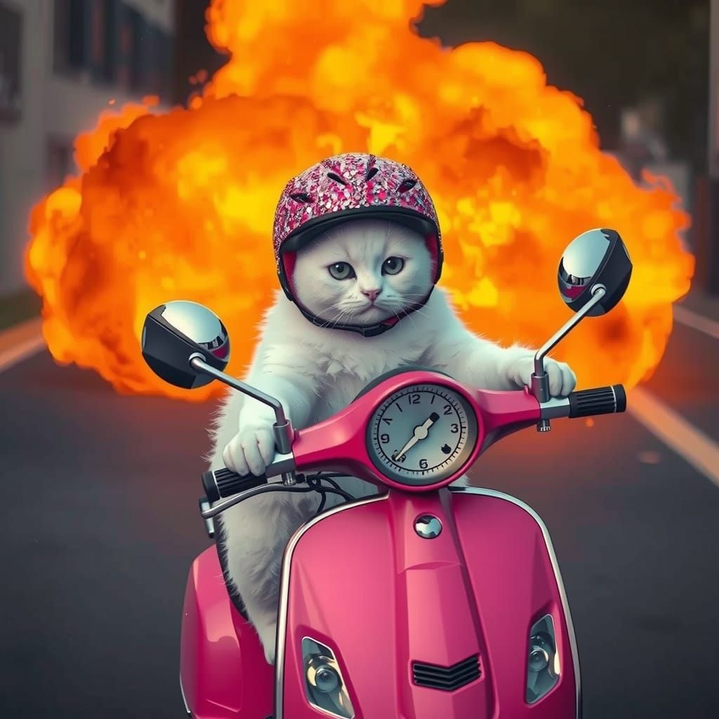 Cat on Scooter Escapes Explosion in Glitter Style