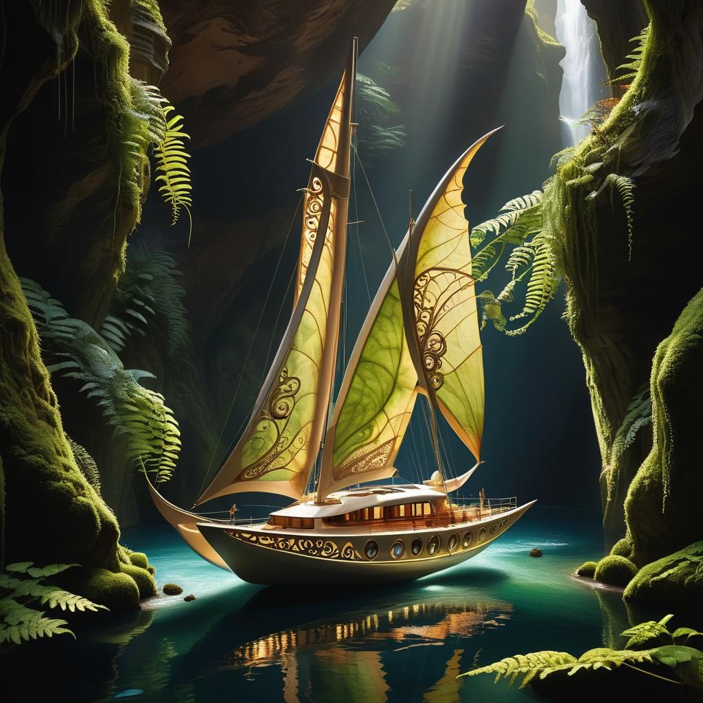 Majestic Catamaran in Sculpted Canyon: Digital Art