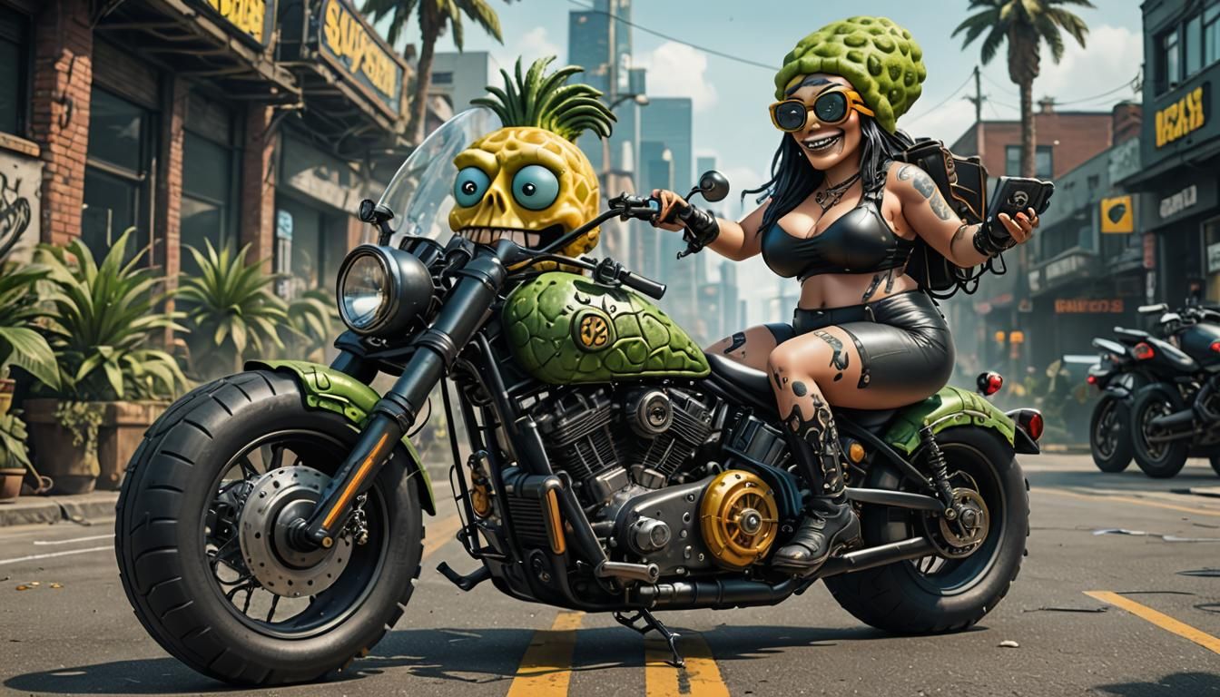 Spongebonnie Curvypants ~ Riding a Harley Motorbike through a town.