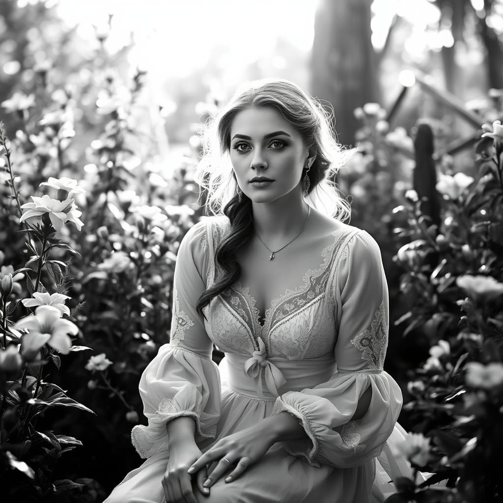 Elegant Woman in a Vibrant Black and White Garden