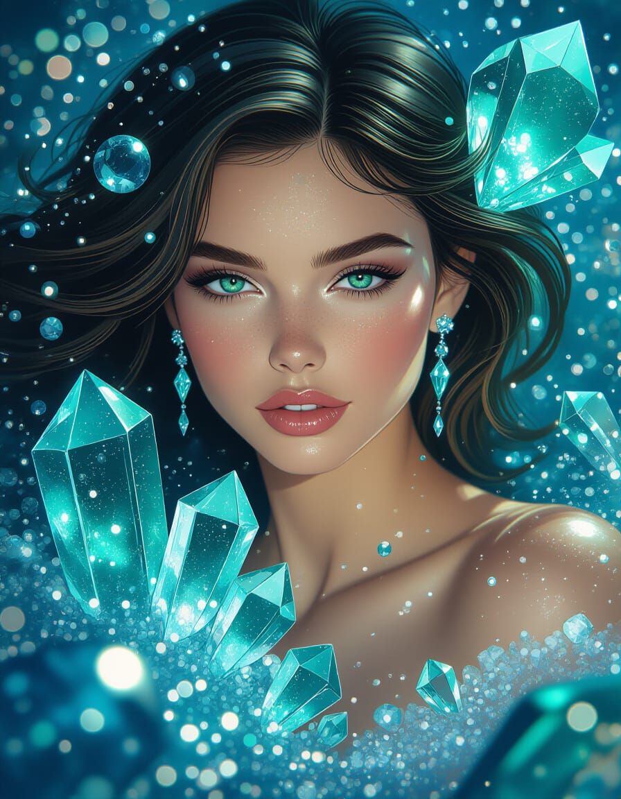 Woman Surrounded by Sparkling Gems in Dreamy Style