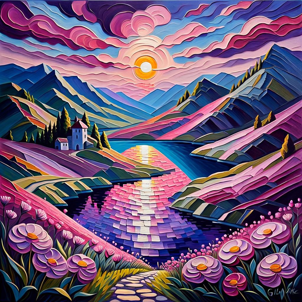 Impasto Flowers in Sunlit Valley at Night