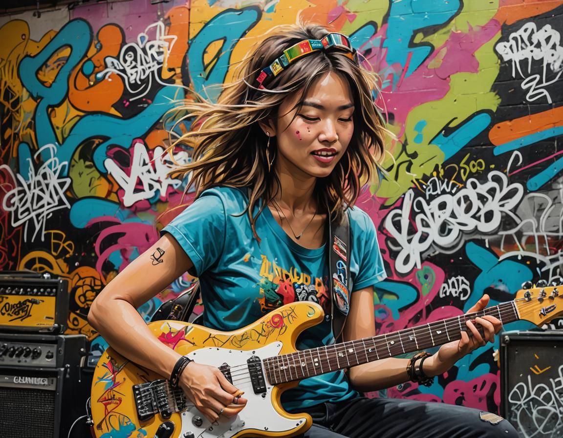 Electric Guitarist Performing Solo in Graffiti Venue