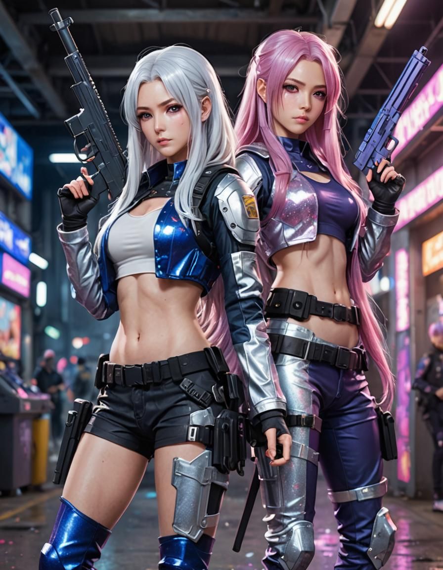 Create a full-body image of two beautiful women in hyper-realistic anime style. One has long white hair, and the other h...