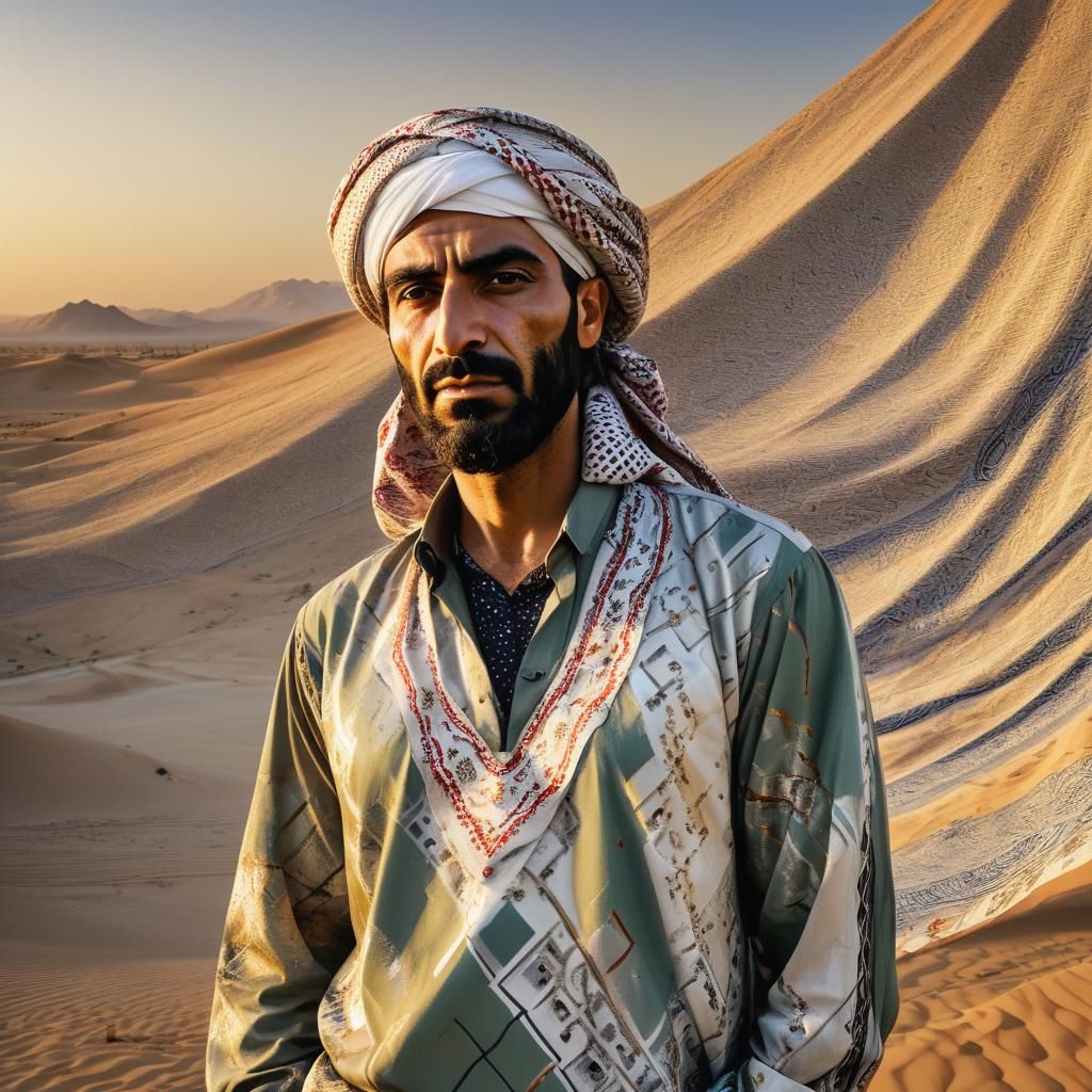 Middle Eastern Man in Oil Field, Persian Art Style