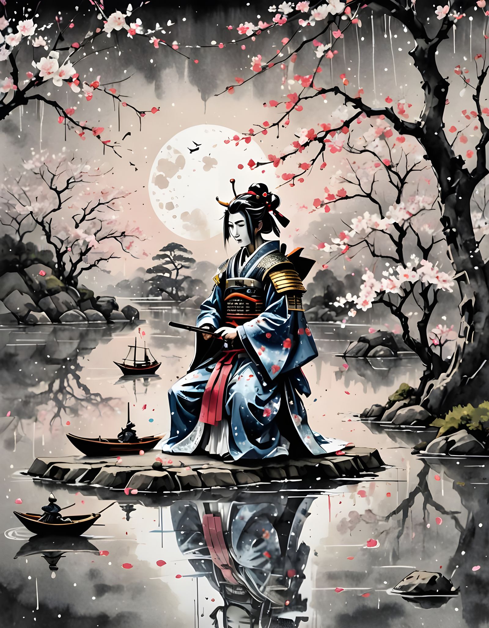Samurai Robot Princess in Japanese Ink Art