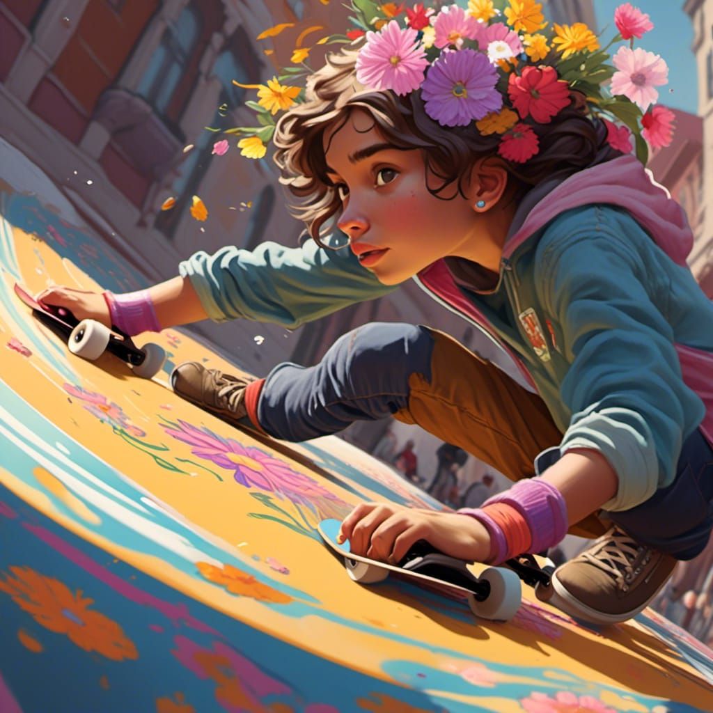 Floral Skateboard Against Curb, Art Nouveau Style