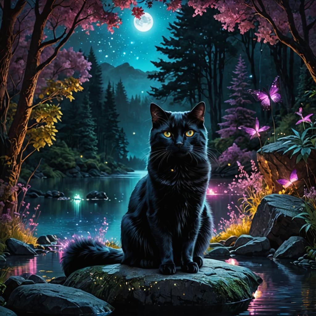 Glowing Black Cat in Enchanted Forest Collage