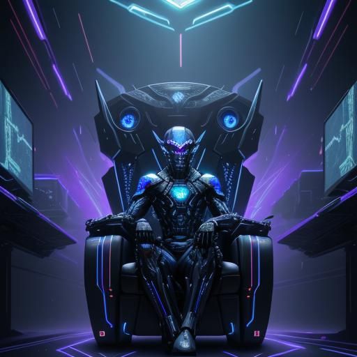 Cybernetic Aidi on Throne in High-Tech Lab
