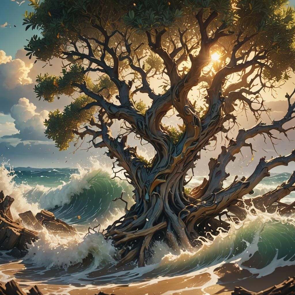 Anime Wave Crashes Olive Tree in Fantasy Disaster