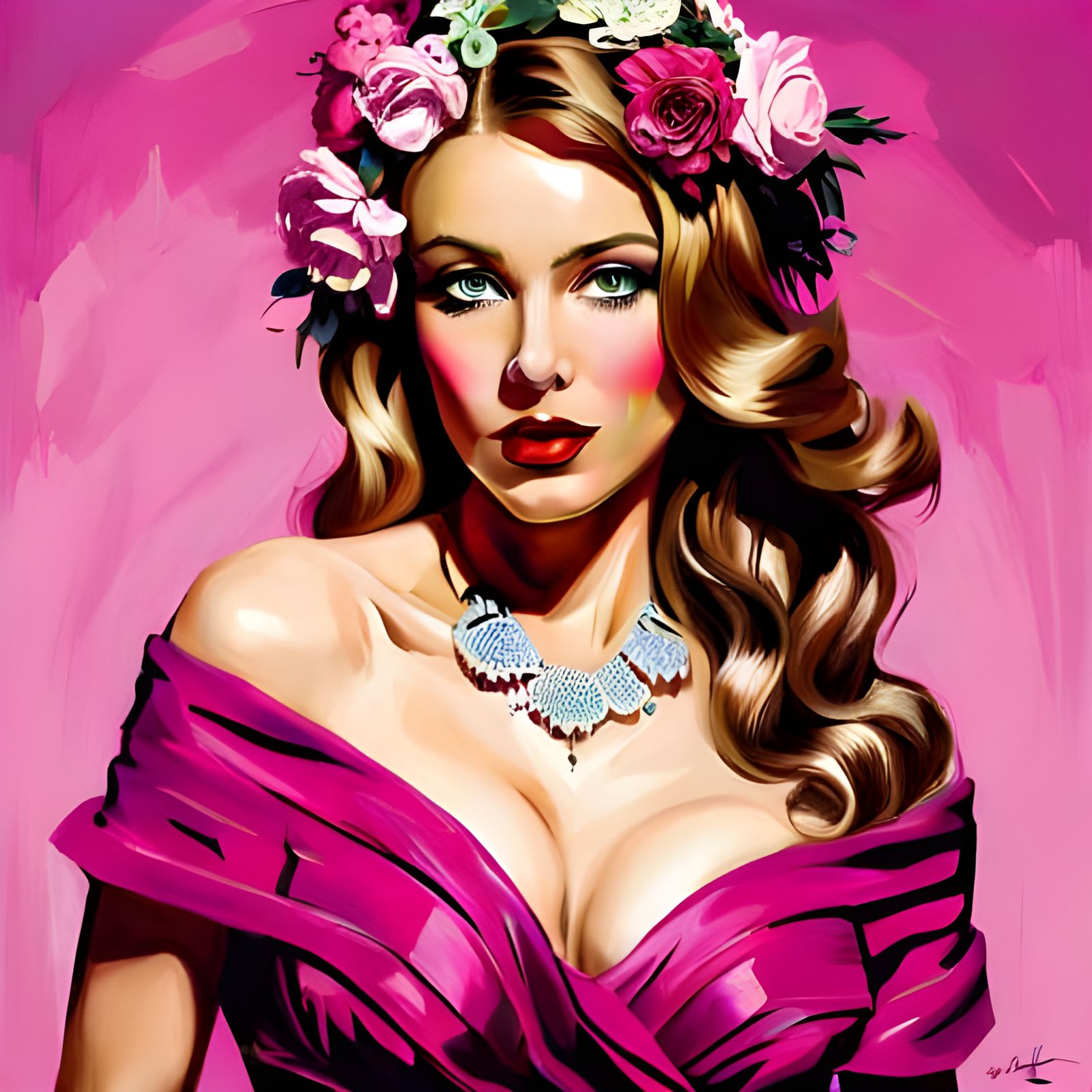 Bride in Magenta Dress, Pin-Up Style