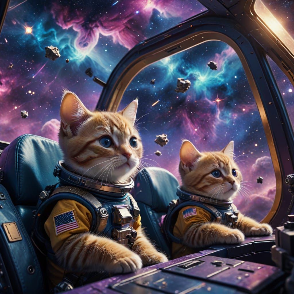 Astronaut Kittens in Spaceship Near Starry Mouse Nebula