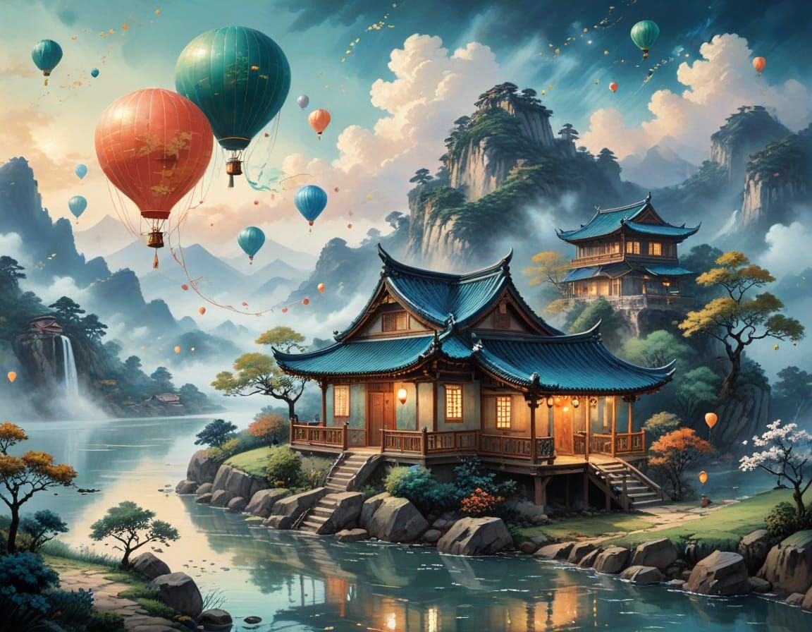 Cottage in Sky: Chinese Ink Painting with Balloons