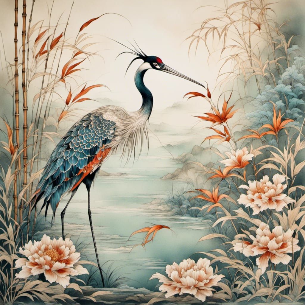 Crane, Koi, and Bamboo in Chinese Style