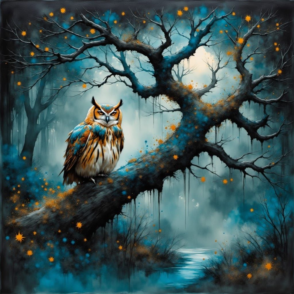 Sacred Tree of Life with Perched Owl in Ethereal Glow