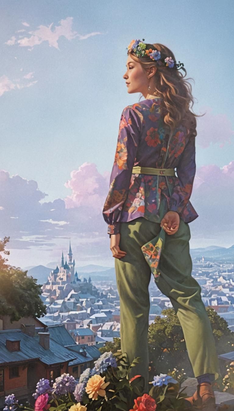 Smiling Girl with Flower Crown in Fantasy Town