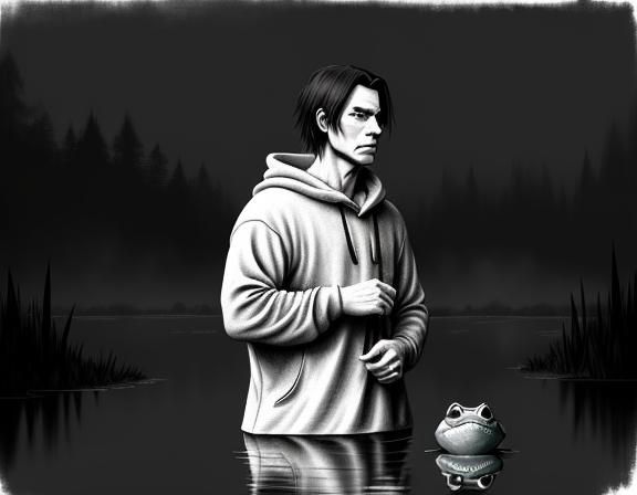 Bullywug in Misty Swamp: Whimsical Ink Sketch