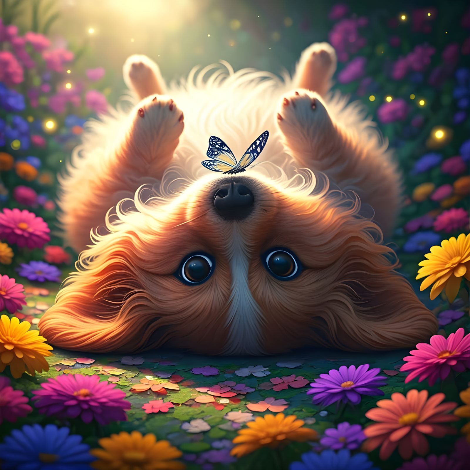 Whimsical Fantasy Garden Scene with Adorable Upside-Down Dog...