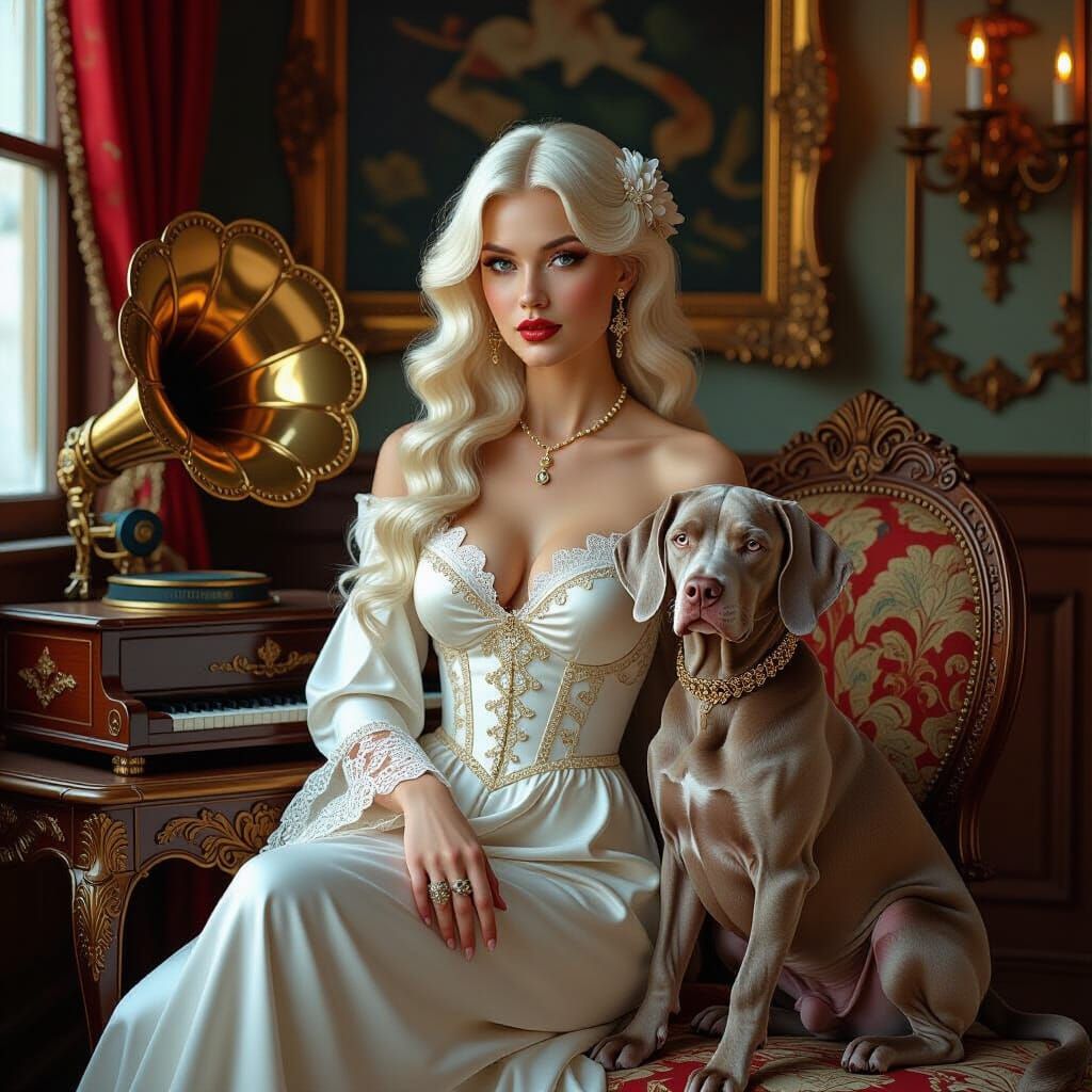 Art Nouveau Albino Lady with Gramophone and Weimaraner