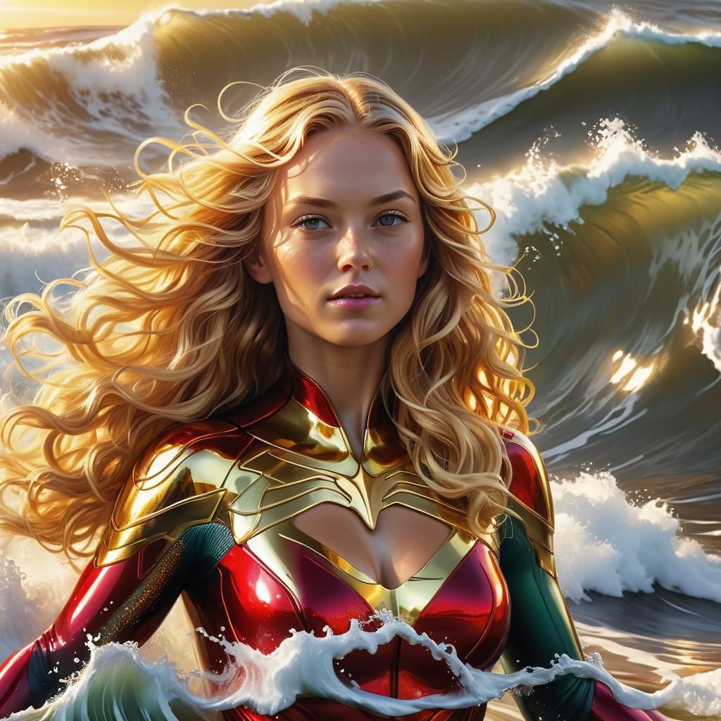 Superhero Woman Surfing: Vivid Digital Art