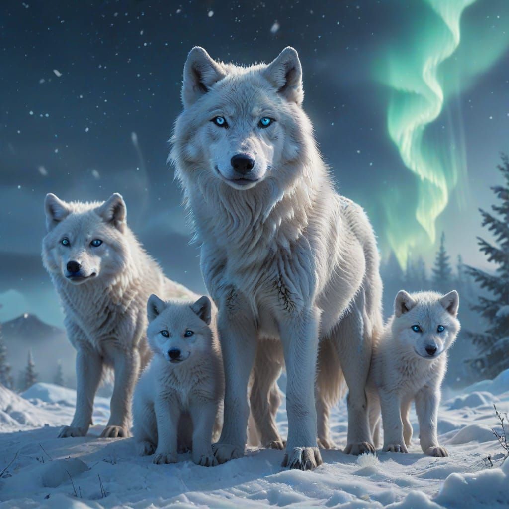 White Wolf and Cubs in Winter Wonderland