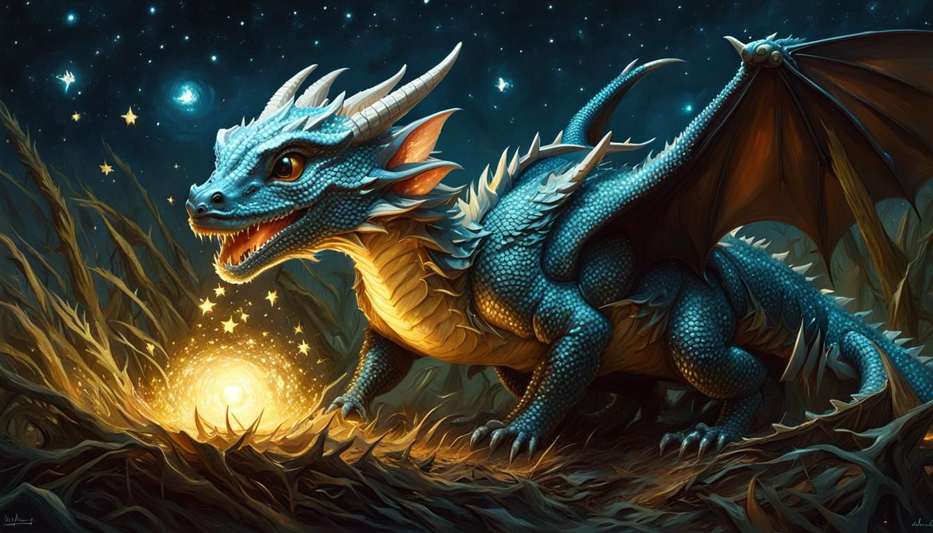 Fantasy Dragon on Farm with Twinkling Stars