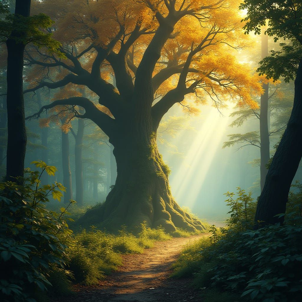 Majestic Golden Tree in a Radiant Enchanted Forest
