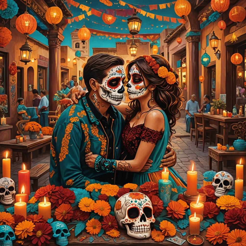 Sugar Skull Couple in Dreamlike Dia de los Muertos Scene