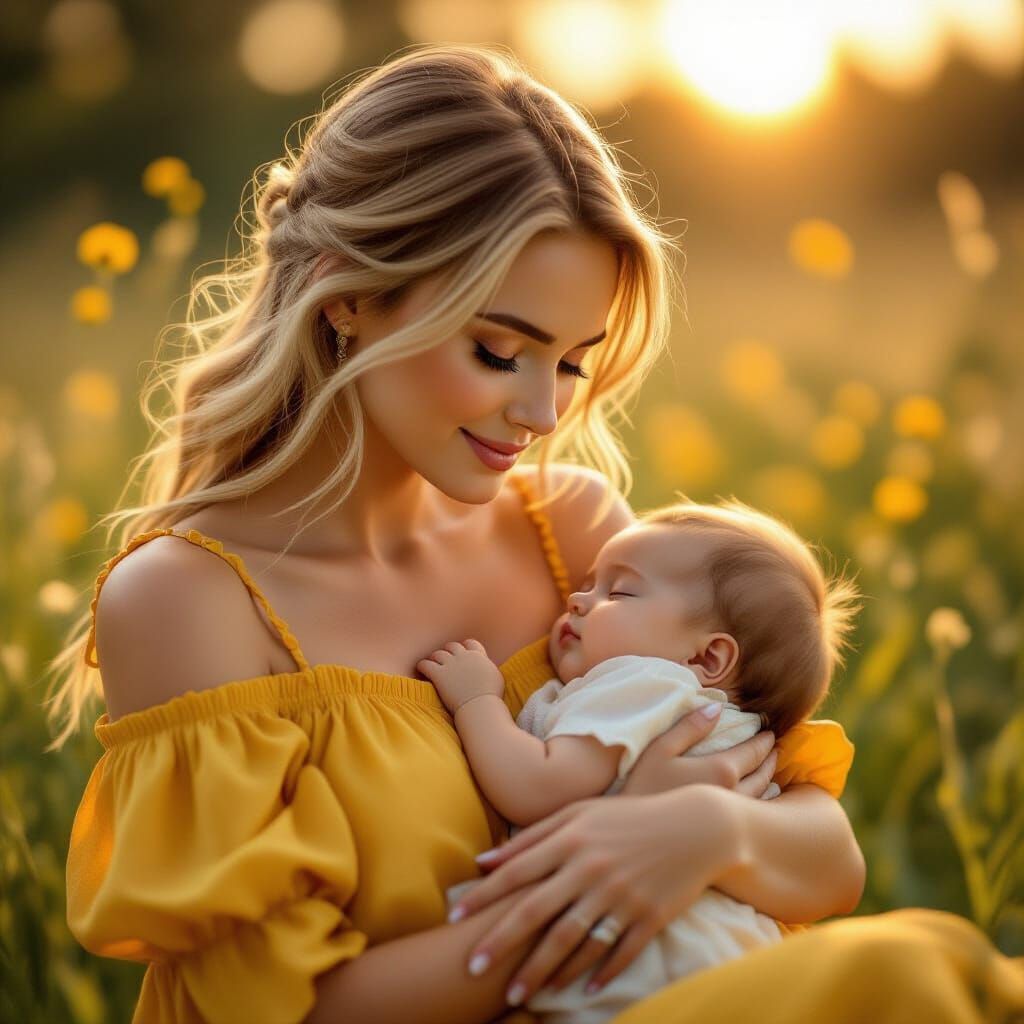 Hyper-Realistic Mother and Baby Portrait in Golden Hour Ligh...