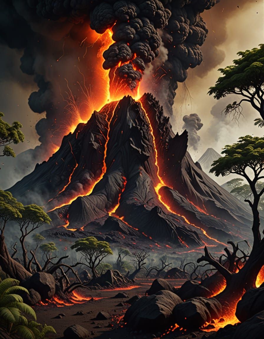 Jurassic Volcano Eruption in Vivid Digital Art