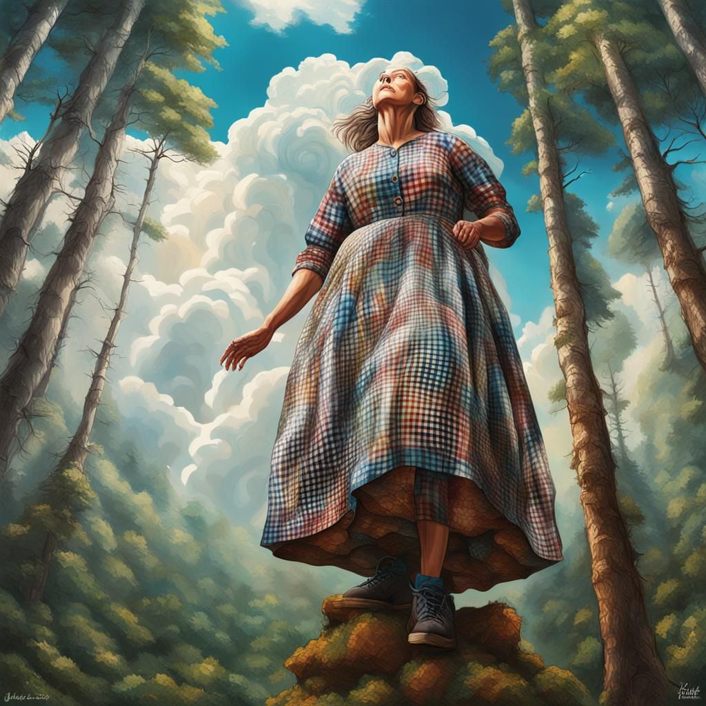 Giant Woman Climbing Beanstock: Hyperrealistic Splash Art