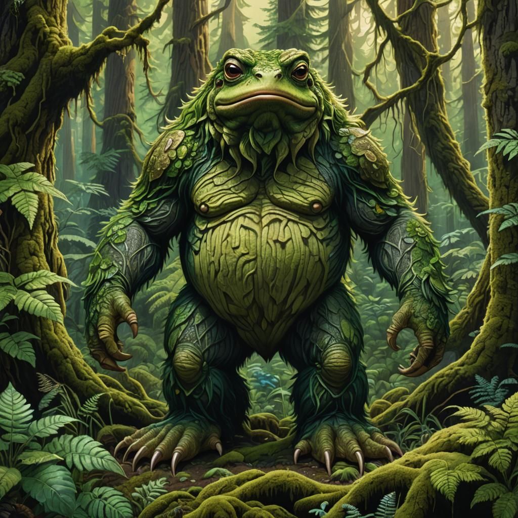 Majestic Toad-Sasquatch in Ancient Forest: Sci-Fi Illustrati...