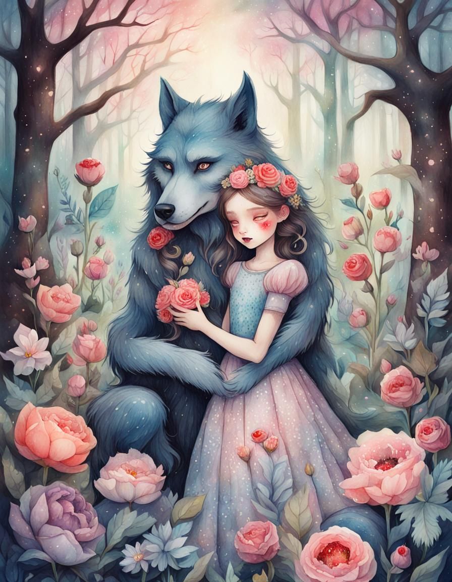 Princess Hugs Werewolf in Flower Forest: Pop Surrealism