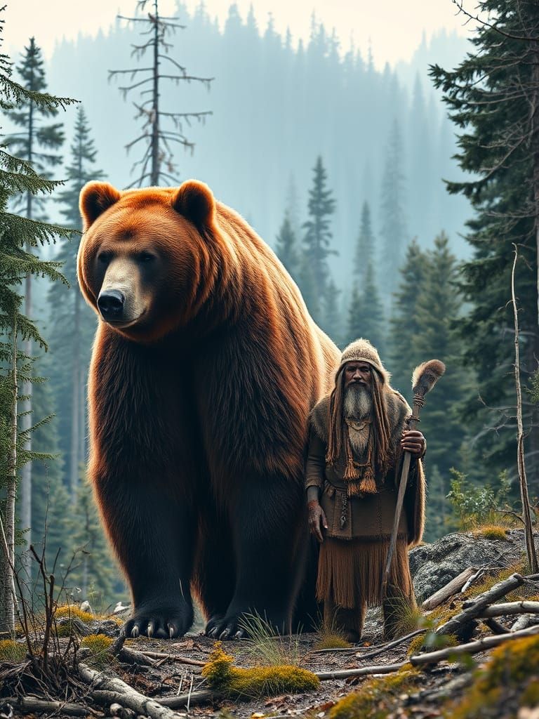 Giant Red Bear and Shaman in Forest Landscape