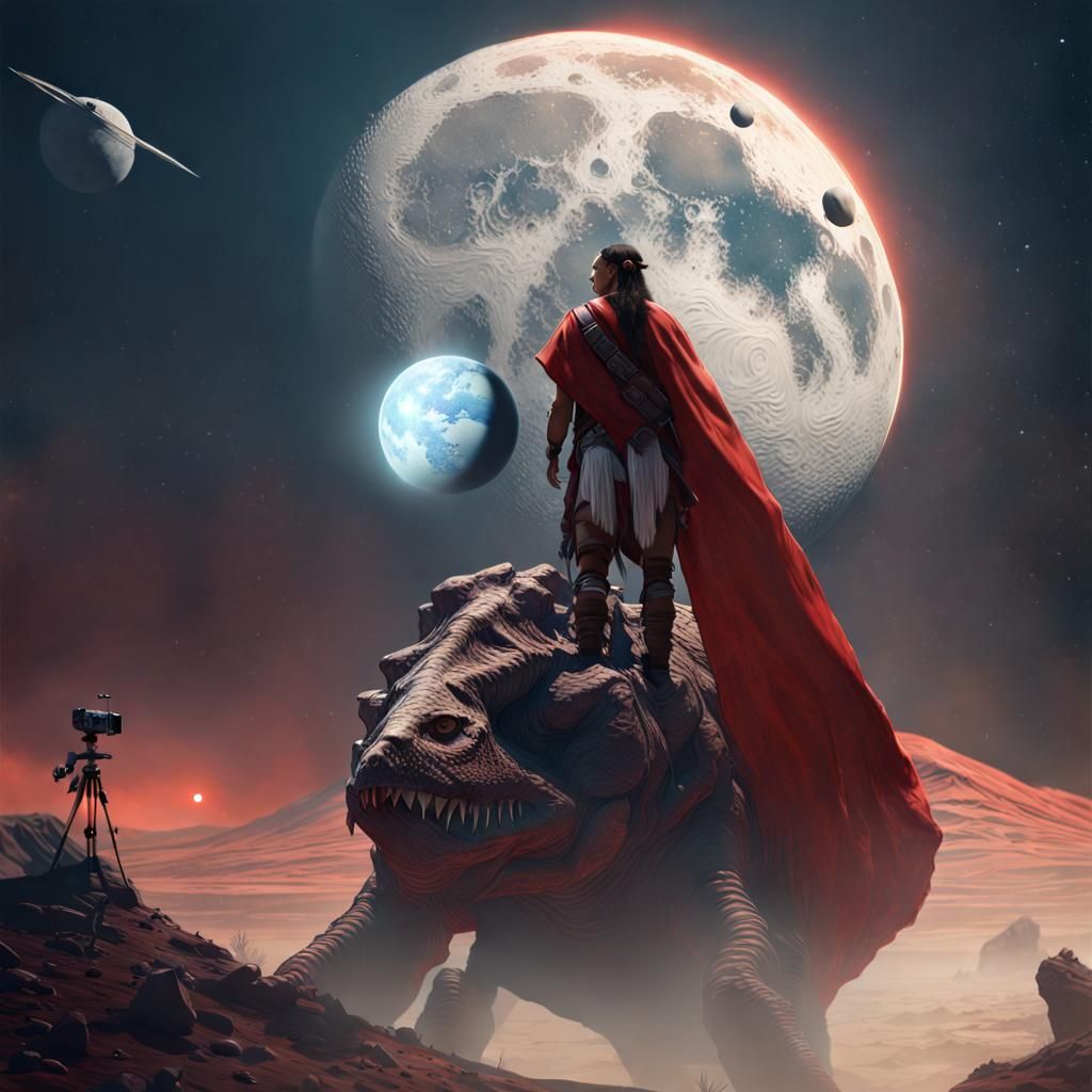 Native American and Dinosaurs on Alien Prairie