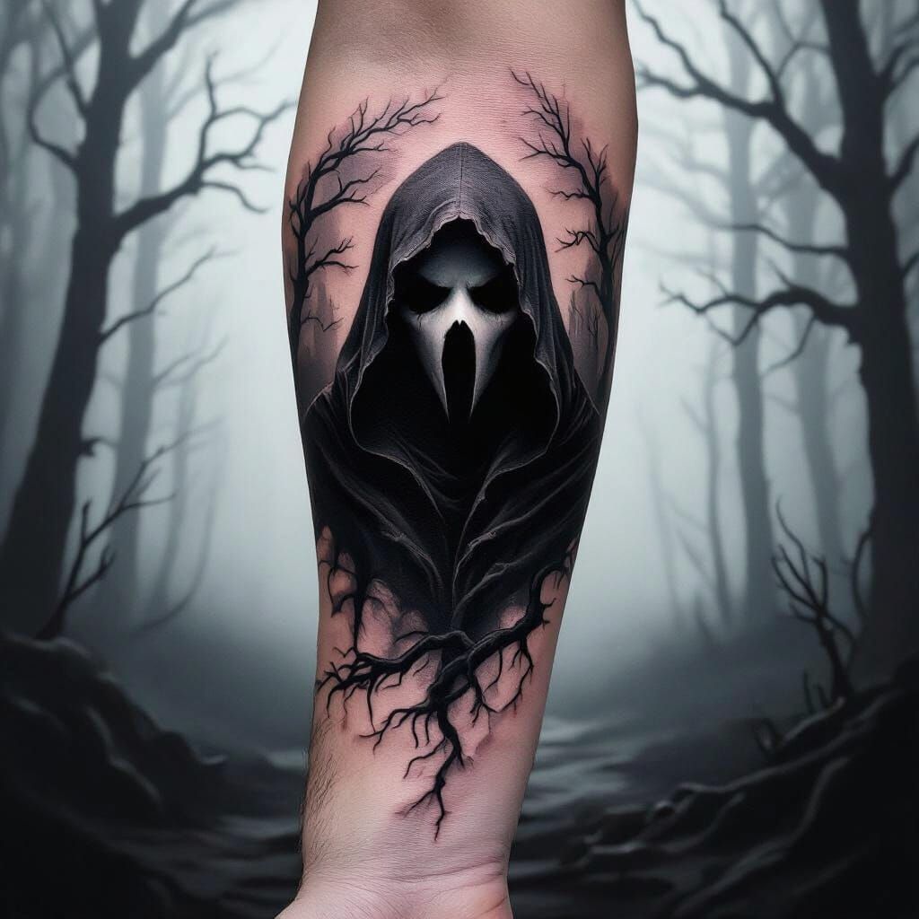 Realistic Black and Grey Forearm Tattoo of Ghostly Figure