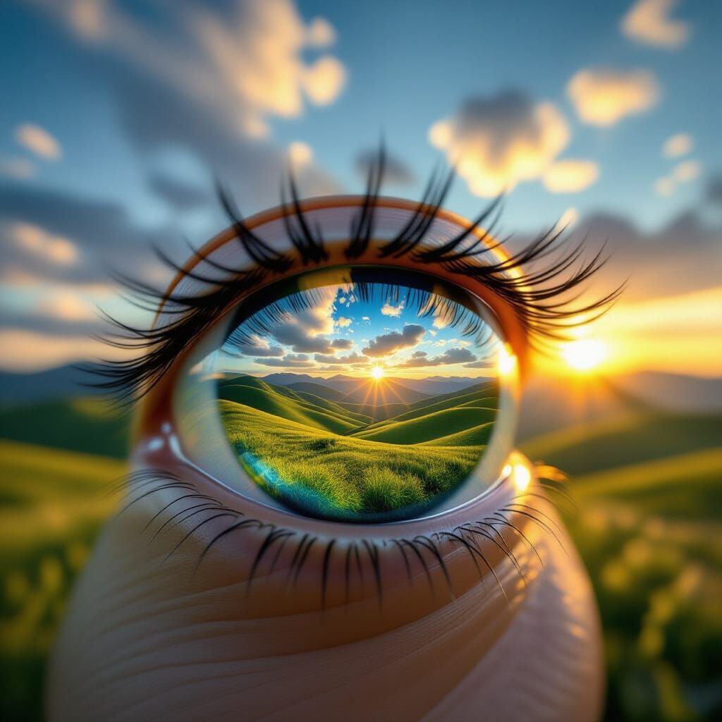 Hyperrealistic Eye Reflecting Golden Hour Landscape