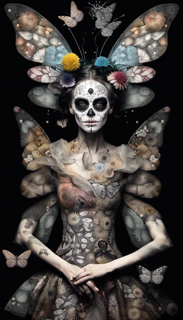 Butterfly Fairy in Grayscale Dreamscape as Picasso Art