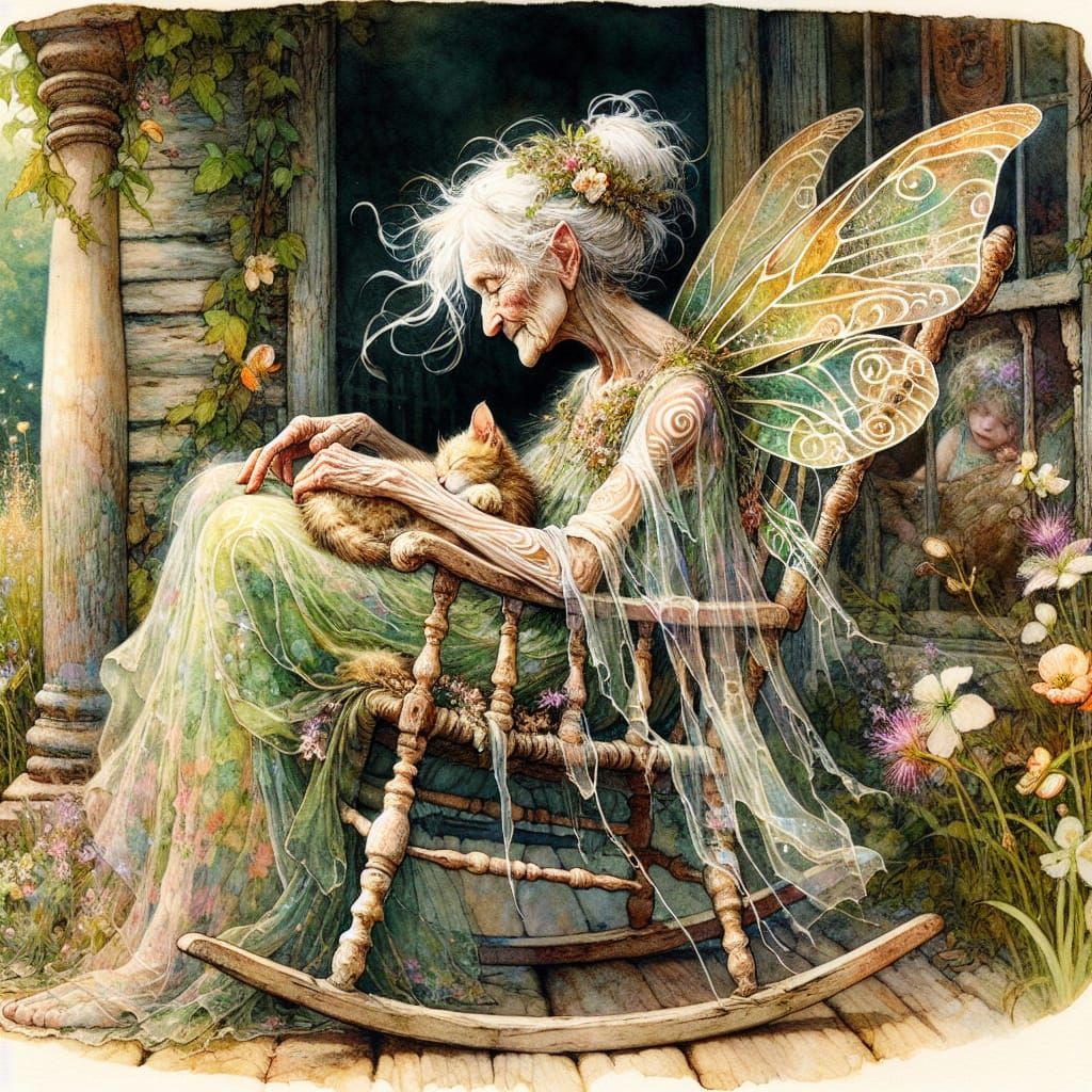 Whimsical Watercolor Fairy with Napping Kitten