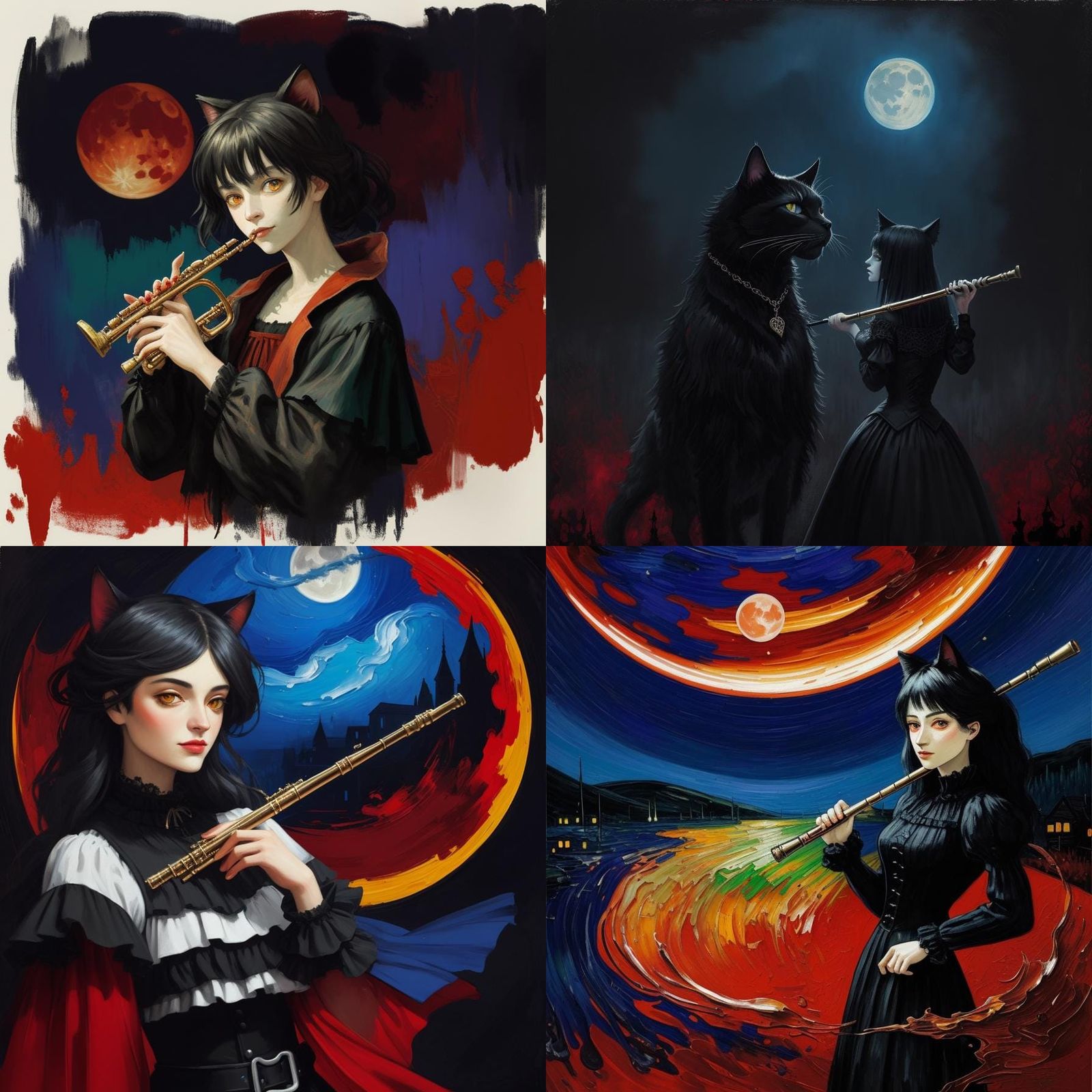 Gothic Cat Girl Playing Flute as Impasto Painting