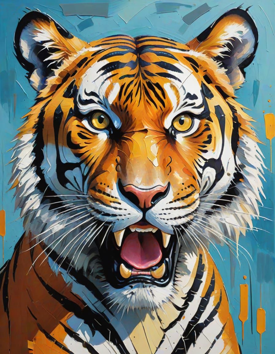 Vibrant Cartoon Tiger Portrait in Expressive Brush Strokes