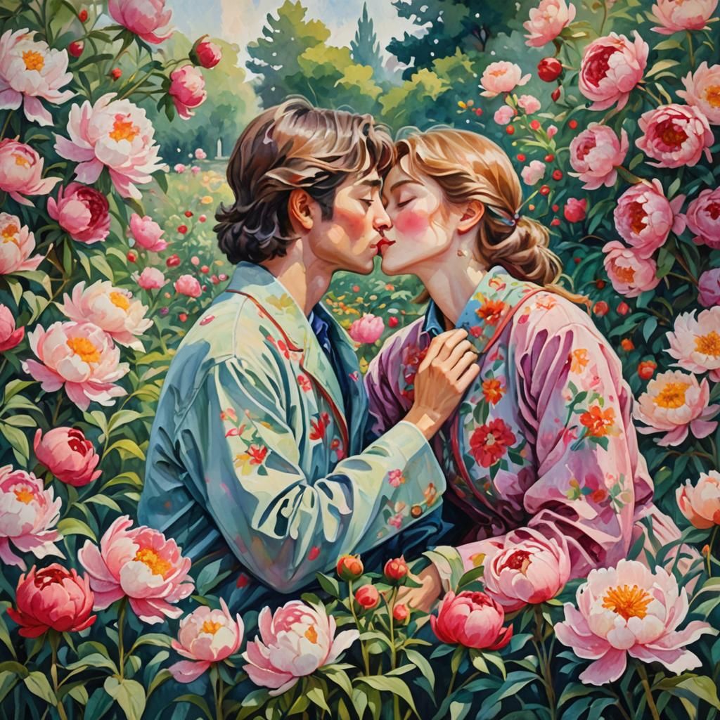 Lovers' Secret Kiss in Gouache Peony Garden