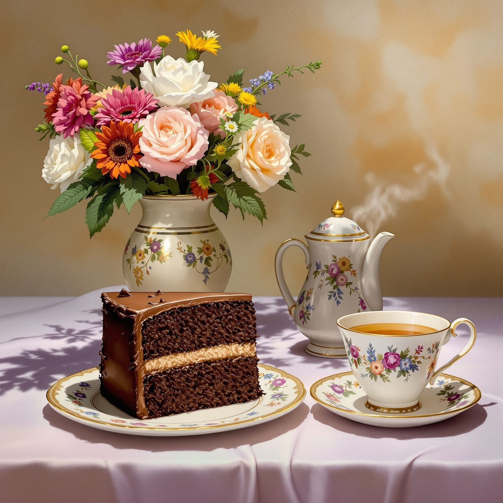 Elegant Chocolate Cake Setting with Tea and Flowers