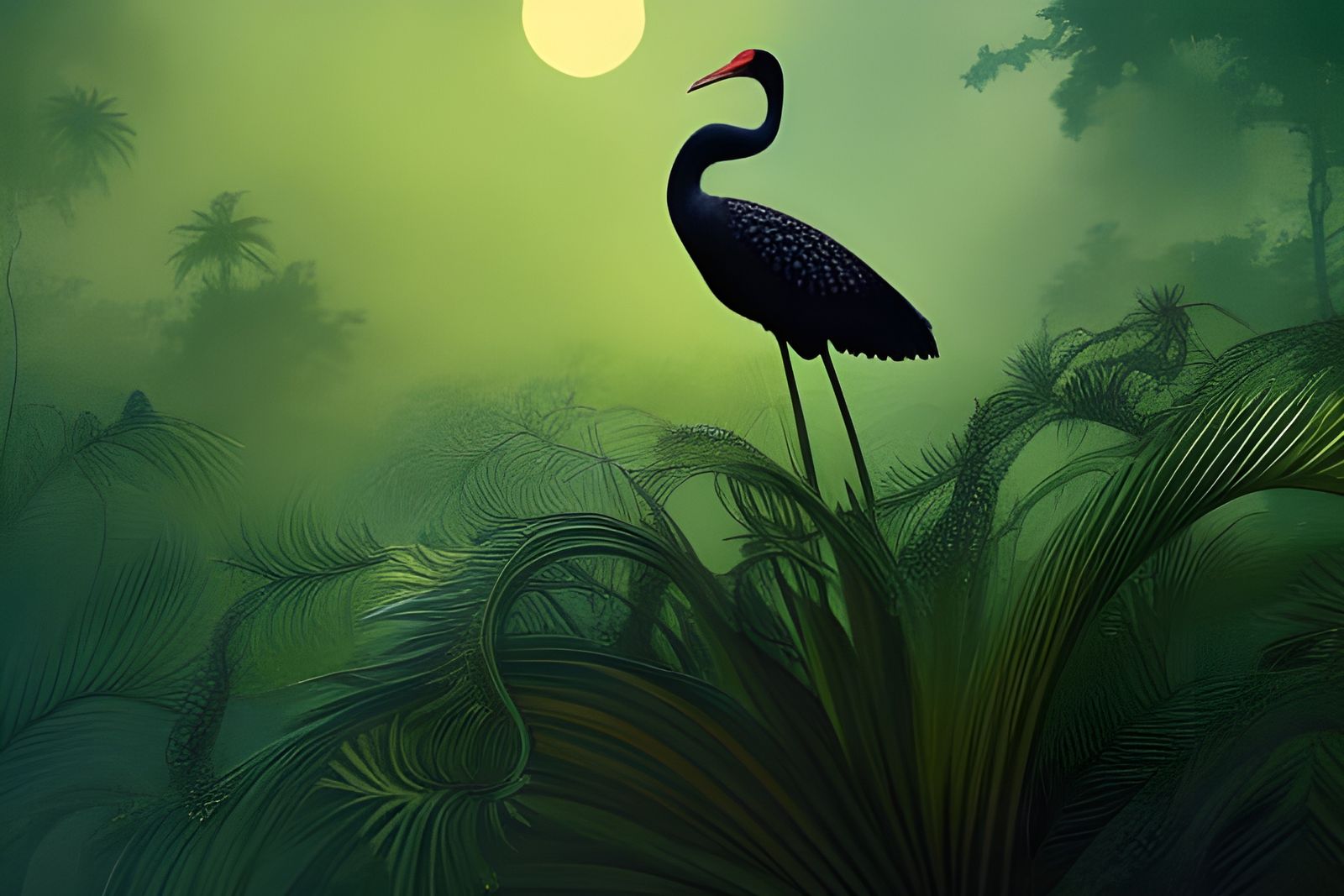 Crowned Crane in Rich Jungle Illustration