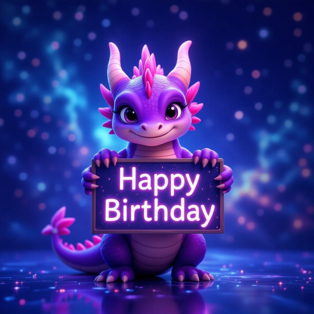 Holographic Purple Dragon Birthday Greeting in 3D