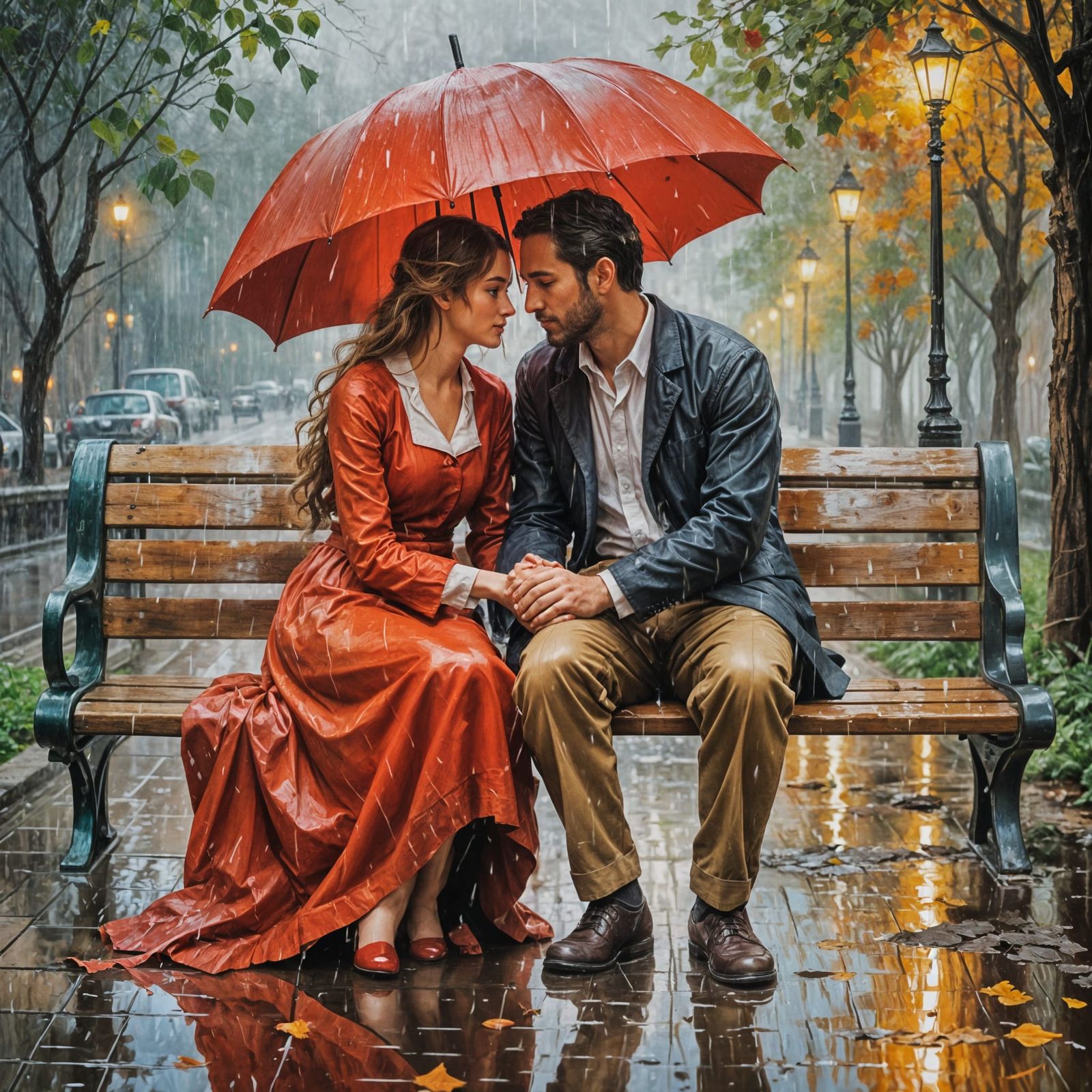 Romantic Couple in Rainy Park: Impressionistic Oil Painting