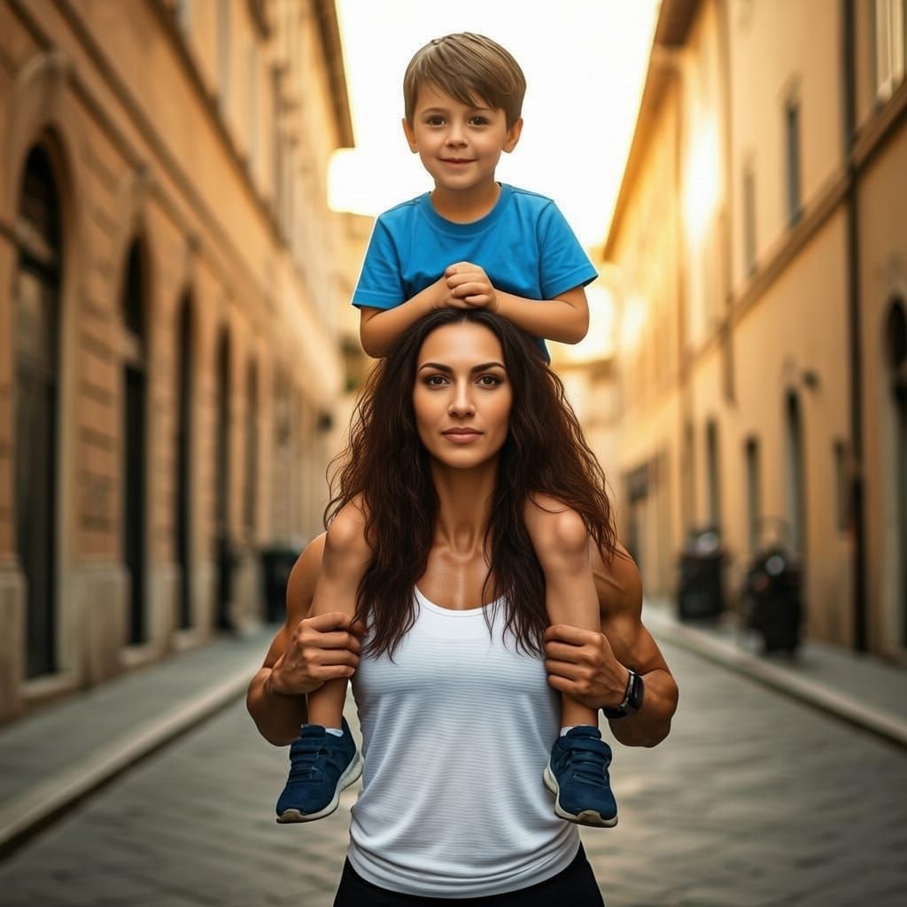 Tall Brunette Carrying Boy on Shoulders