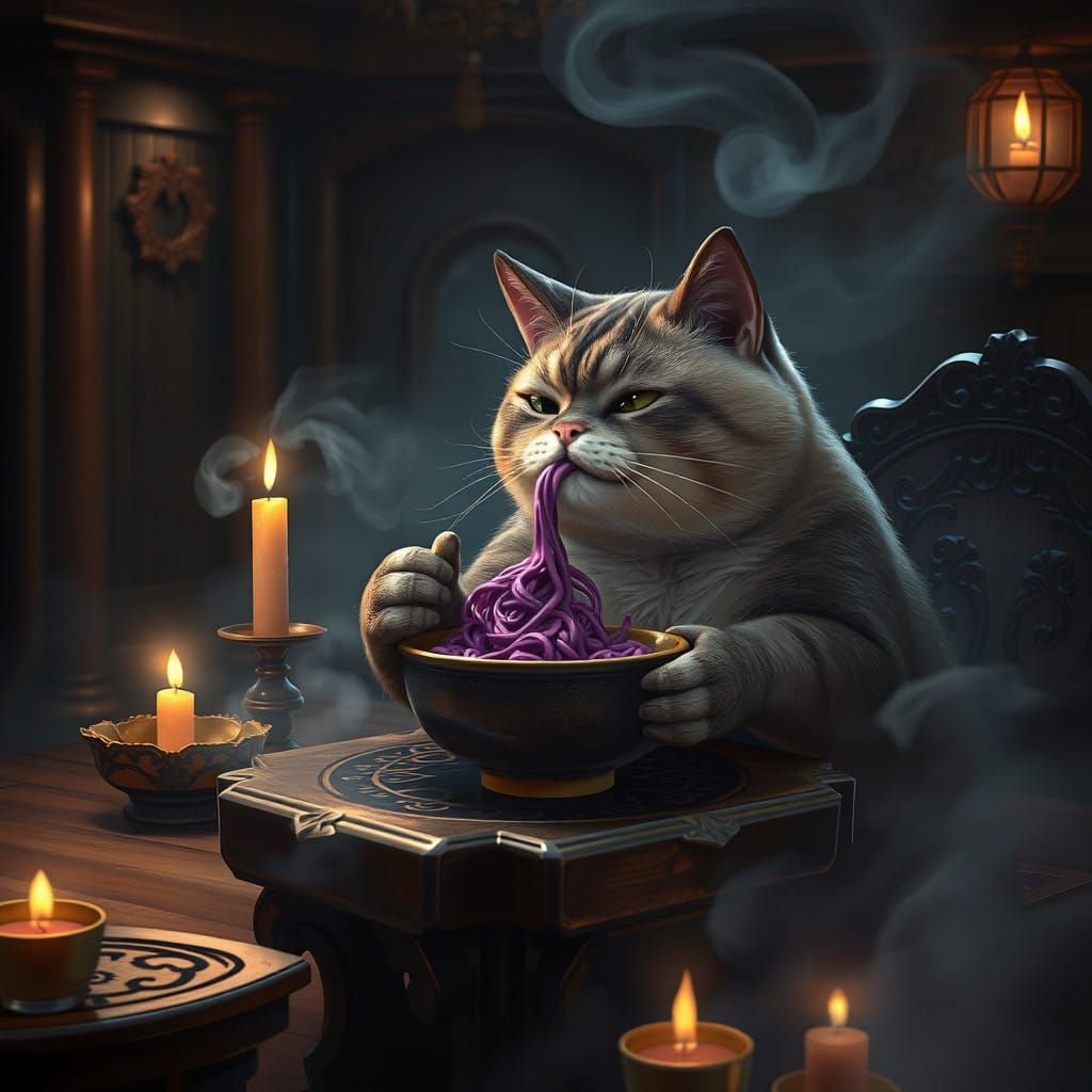 Whimsical Cat Savoring Mystical Noodles in Rich, Fantastical...